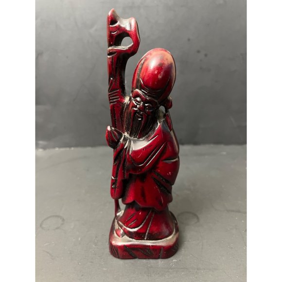 Vintage Chinese Immortal Cinnabar Hand Carved Redwood 7.5 Inch